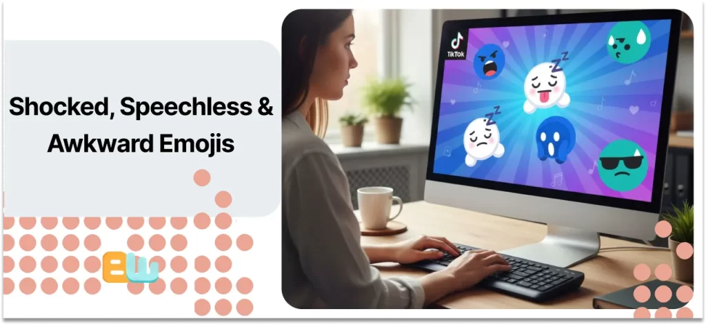 Shocked, Speechless & Awkward Emojis on a computer screen with a woman typing on it
