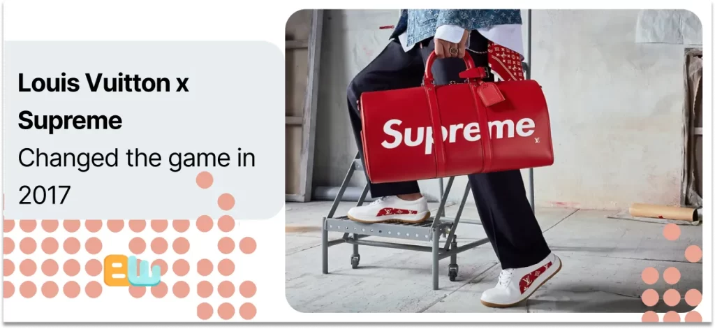 Louis Vuitton's supreme travel bag, color red, held by a male model