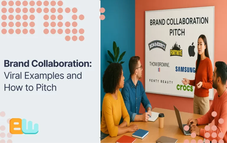 A marketing group discussing brand collaboration, with a whiteboard in the back ground which has various brands and logos on it