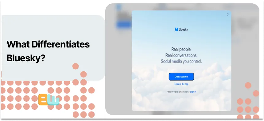 The view of the first page of the bluesky platform with (real people, real conversations, social media you control) written on it