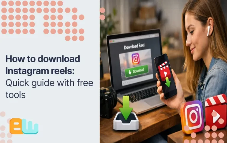 A woman holding sitting at a desk downloading a Reel with a phone