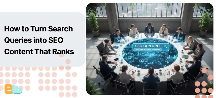 A huge number of people sitting around a round conference table with holographic screens showing SEO elements