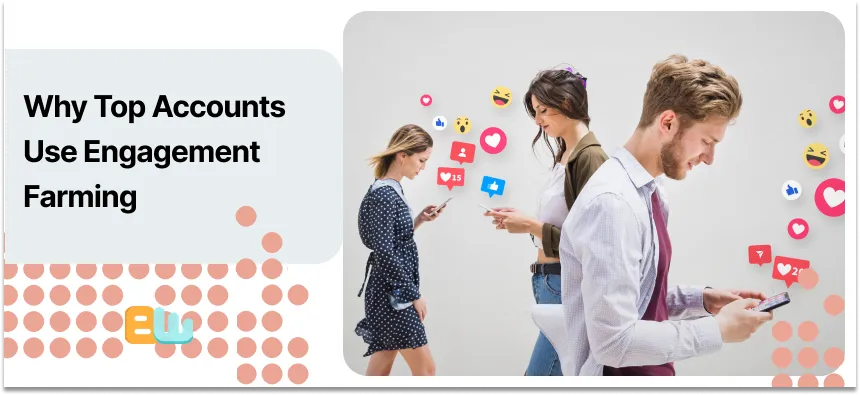 three different people working on their phones, various engagement metric icons (likes, followers, comments) are floating around the phones