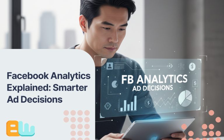 A man looking at a screen with the word FaceBook Analytics written on it