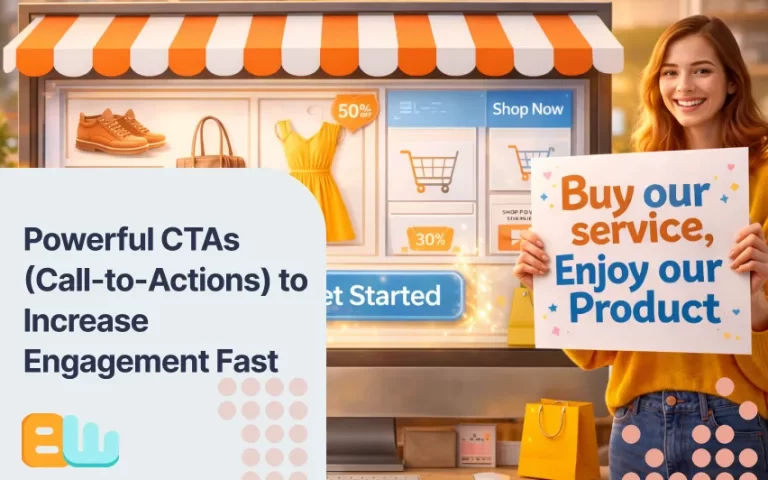 a woman holding a "Buy our service, Enjoy our Product" sign in front of a PC monitor showcasing an ecommerce website but the monitor is shown like a store window