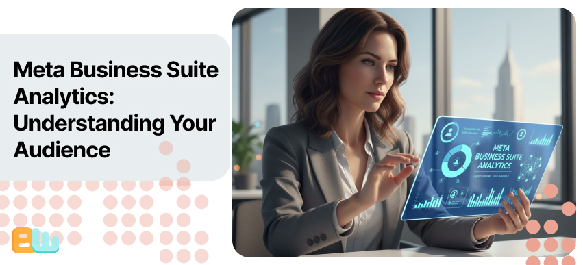 A woman in an office looking at a holographic screen with Meta Business Suite Analytics written on it