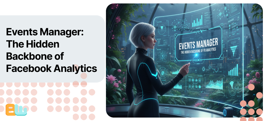A woman in a futuristic environment  looking at a window wide holographic screen with Events Manager written on it