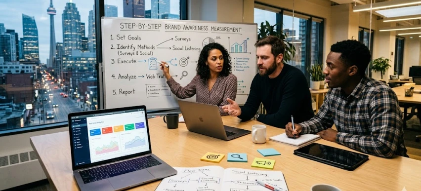 Modern office team analyzing brand metrics on a whiteboard and laptops.
