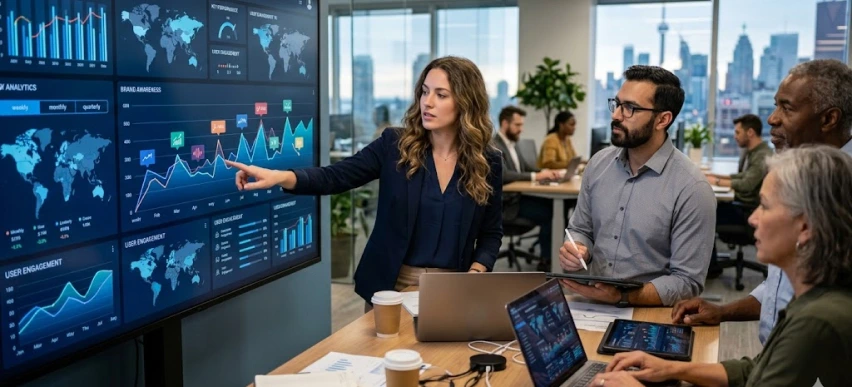 Diverse team analyzing data dashboards in a modern office.