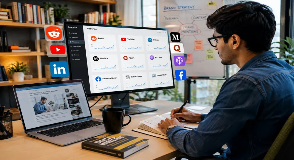 A man checking out different platforms for brand mentions