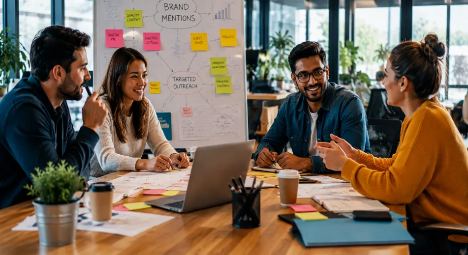 A group talking about strategies on brand mention in an office
