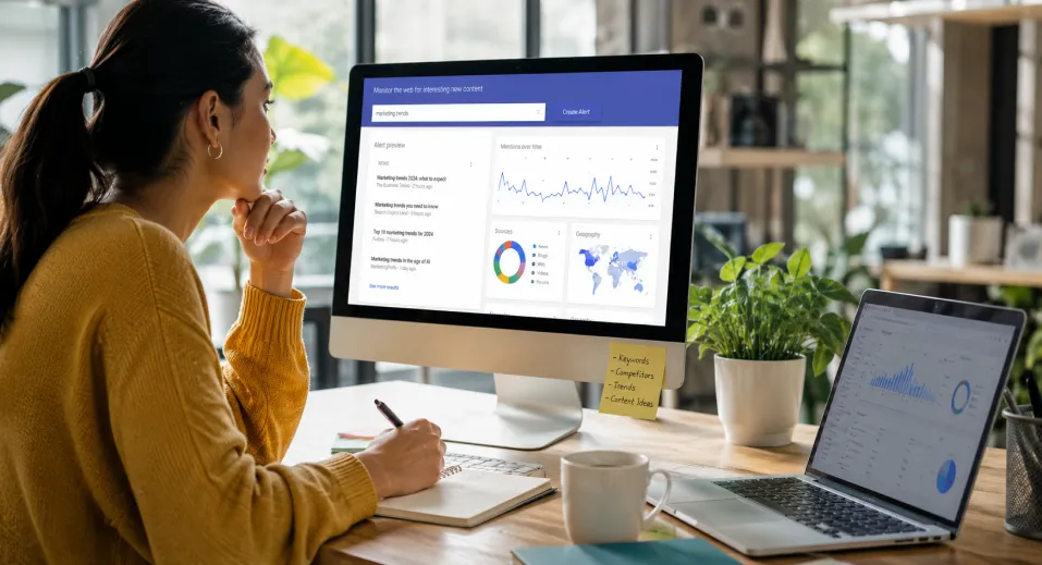A woman working in an office with analytics showing on her monitor