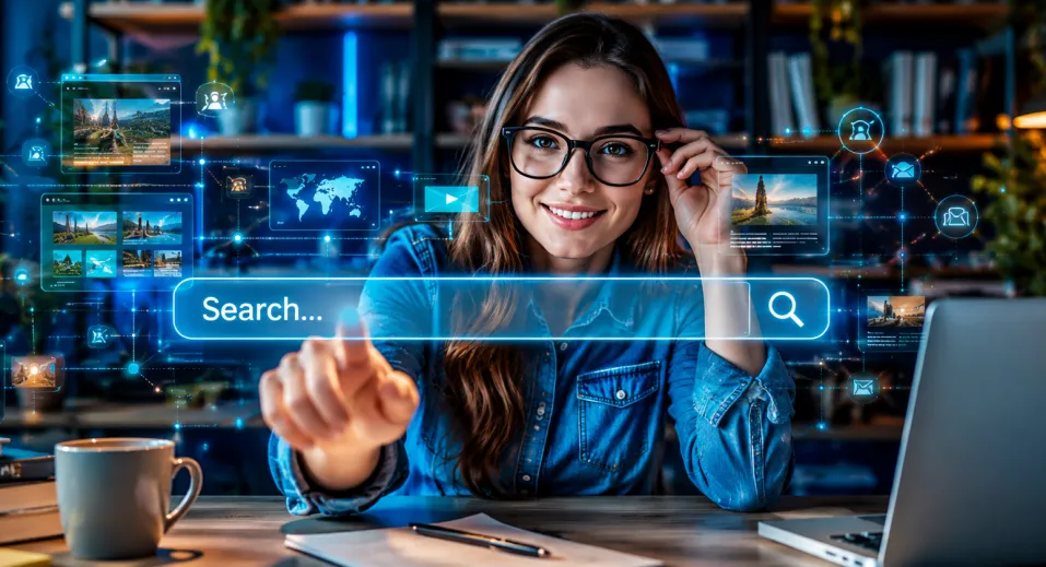 a woman with glasses clicking a search bar hovering in the air like a holographic image