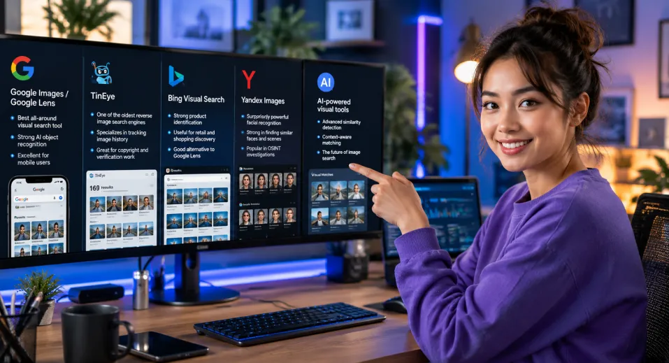 An asian woman in a purple sweatshirt looking at different Image search tools on her monitor