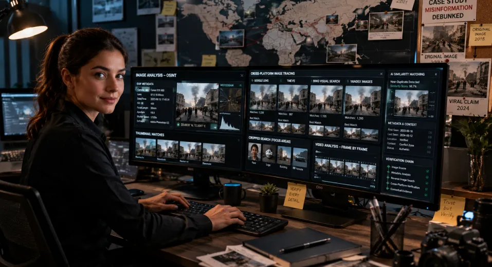 A woman working in an office with multiple images open in front of her on different monitors
