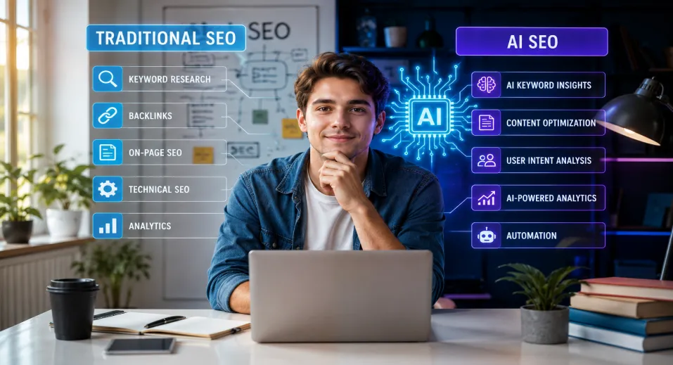 a man in an office contemplating Traditional SEO and AI SEO