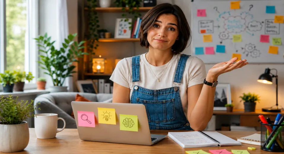 a woman in a home office looking regretful 